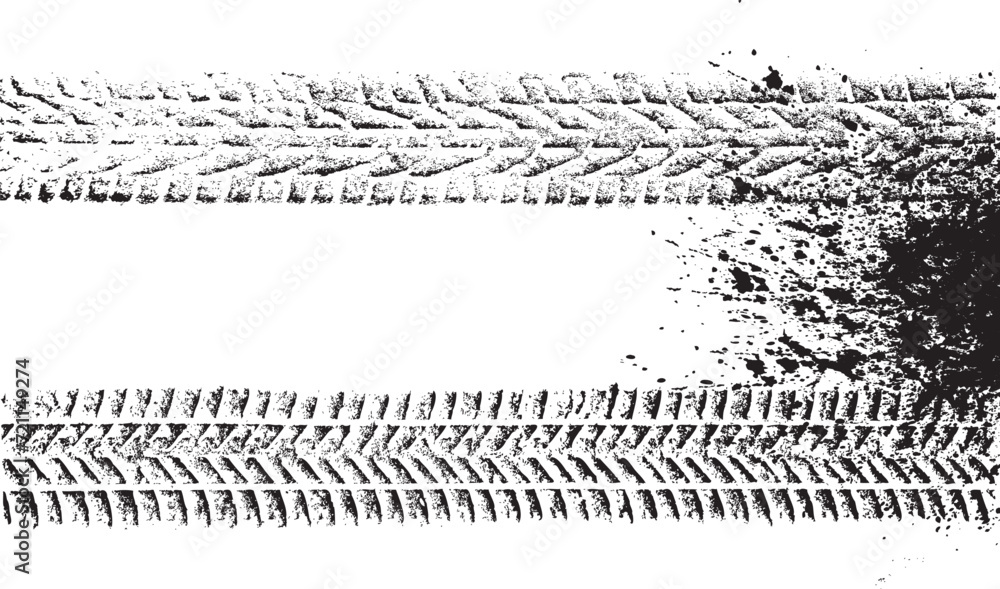 Poster Vector Print Textured Tire Track . Design Element . Car tread silhouette . Mud splash grunge texture