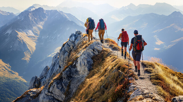Zusammenhalt im Zeam st&auml;rken mit Teambildung Wandern in den Alpen mit Bergpanorama Personen mit Rucksack in den Alpen auf Wanderwegen und am Gipfel Generative AI