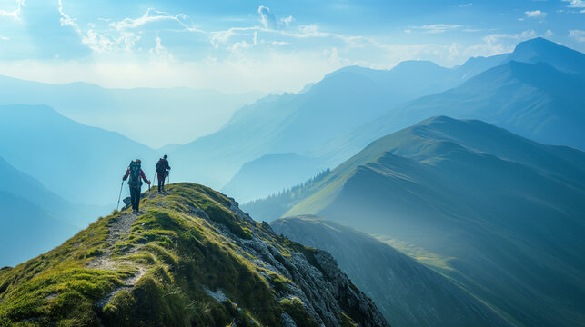 Zusammenhalt im Zeam st&auml;rken mit Teambildung Wandern in den Alpen mit Bergpanorama Personen mit Rucksack in den Alpen auf Wanderwegen und am Gipfel Generative AI