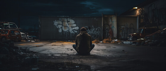 Solitary Figure in a Desolate Urban Landscape at Night.