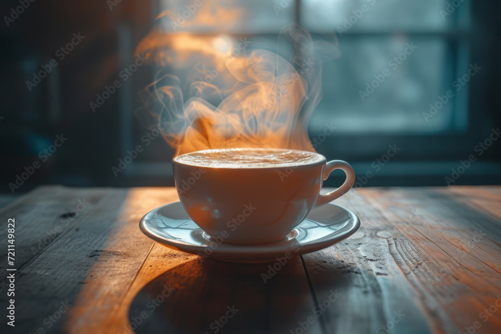 Poster a cinemagraph of a steaming cup of coffee, with the steam moving while the rest of the image is stil