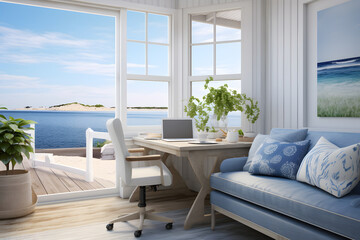 Coastal home office with a view of the ocean - obrazy, fototapety, plakaty