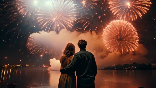 Couple looking firework abstract background. Generative ai.