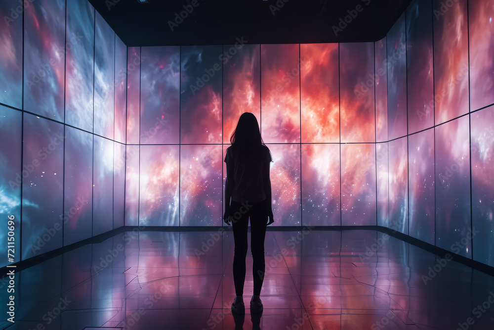 Poster an interactive video installation where viewers' movements influence the visual display. concept of 