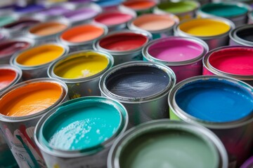 many cans of colored paint - closeup background