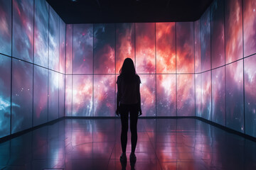 An interactive video installation where viewers' movements influence the visual display. Concept of interactive art and viewer participation. Generative Ai. - obrazy, fototapety, plakaty