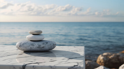 Minimalist Marble Table Mockup with Ocean Background, stack of stones on the beach