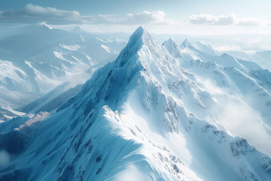 Aerial photo of a mountain range with snow-capped peaks, offering a majestic perspective. Concept of grandeur in nature and mountainous landscapes. Generative Ai.