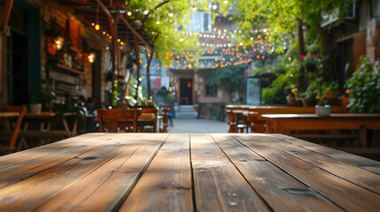 Outdoor Caf Scene with Empty Wooden Table, restaurant in the city