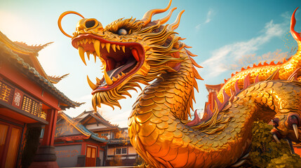 Fototapeta premium Golden dragon statue in chinese temple with blue sky background. Dragon chinese wallpaper, Happy Lunar New Year