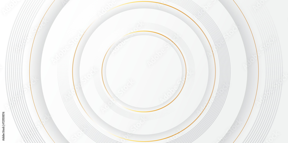 Poster Luxury elegant white background with gold ornament. Modern abstract light silver background vector. Abstract 3D circle layer white background with gold line effect  for presentation design. 