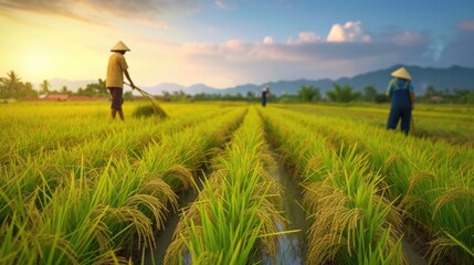 Asian farmer workers working at rice farm fields - obrazy, fototapety, plakaty