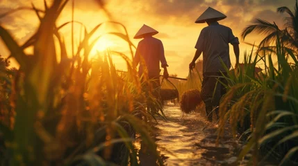 Foto op Canvas Asian farmer workers working at rice farm fields © ArtBox