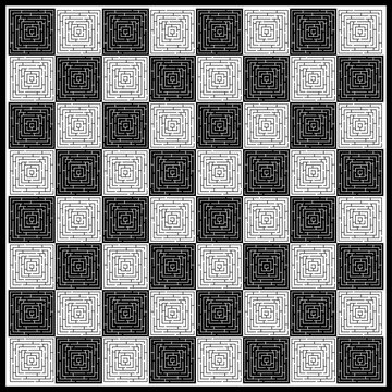 Chessboard design with black and white labyrinth pattern.