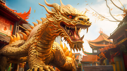 Fototapeta premium Golden dragon statue in chinese temple with blue sky background. Dragon chinese wallpaper, Happy Lunar New Year