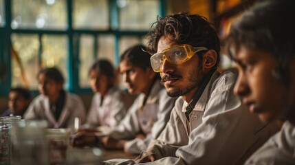Focused Indian students wearing safety goggles participate attentively in a chemistry lab session at a university.. - obrazy, fototapety, plakaty