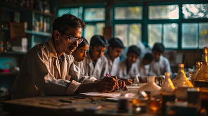 An Indian teacher attentively checks assignments while students engage in a chemistry laboratory class in a traditional school setting.