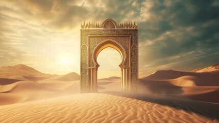Background of Islamic mosque gate in sand dunes. Generative AI