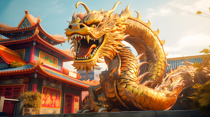 Obraz premium Golden dragon statue in chinese temple with blue sky background. Chinese dragon is a mythical creature. Dragon chinese wallpaper, Happy Lunar New Year