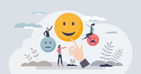 Naklejka premium Emotional regulation and feeling control with mind skills tiny person concept. Psychological intelligence with mood self management and mind balance vector illustration. Change facial expression.