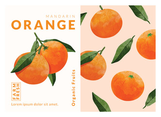 Mandarin orange packaging design templates, watercolour style vector illustration.