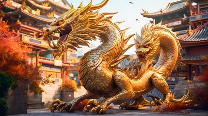 Fototapeta premium Golden dragon statue in chinese temple with blue sky background. Chinese dragon is a mythical creature. Dragon chinese wallpaper, Happy Lunar New Year