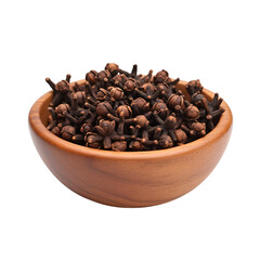 bowl of dried cloves isolated on a white or transparent background, PNG, cloves on a wooden bowl
