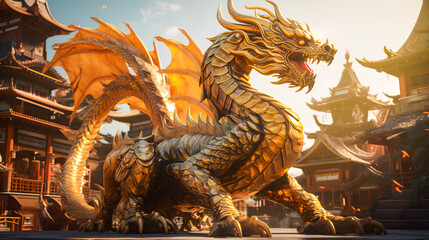 Obraz premium Golden dragon statue in chinese temple with blue sky background. Dragon chinese wallpaper, Happy Lunar New Year