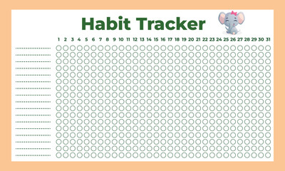 Habit tracker. Blank monthly planner template for habit tracking with cute baby elephant character.Monthly planner.