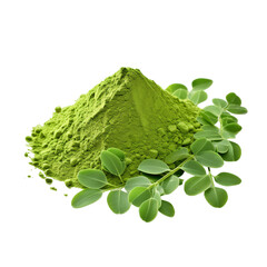 freshly ground moringa powder pile isolated on a white or transparent background, PNG, Pile of Moringa powder with leaves.