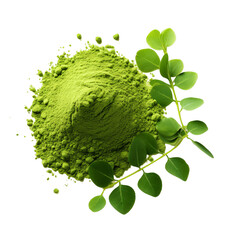 freshly ground moringa powder isolated on a white or transparent background, PNG, Pile of Moringa powder with leaves. top view
