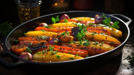 plating food Rainbow Carrots with Olive Oil and Spices in Vintage Pan