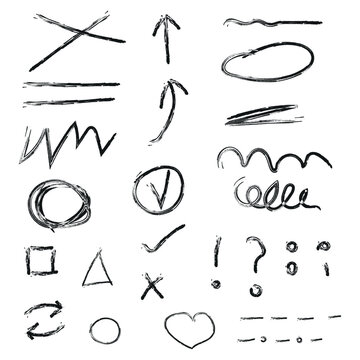Set of vector icons of coal arrows, circles, underlines, squares and hearts in hand drawn style. Hand drawn drawings of various curved lines, arrow curls. Direction signs on a white background.