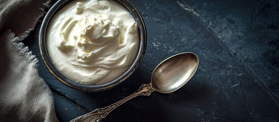 Greek yogurt on dark slate - obrazy, fototapety, plakaty