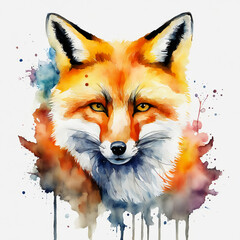 Obraz premium red fluffy fox, wild animal, nature. watercolor illustration. artificial intelligence generator, AI, neural network image. background for the design.