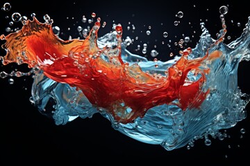 Splashes of colored water on a black background Blue and red water