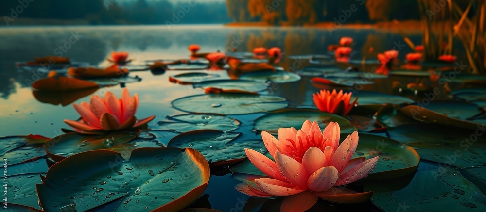 Sticker Mesmerizing Red Waterlilies and Captivating Lotus Blooming in Serene Lake