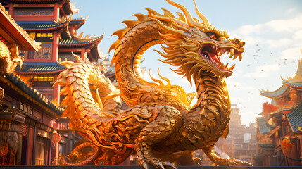 Fototapeta premium Golden dragon statue in chinese temple with blue sky background. Dragon chinese wallpaper, Happy Lunar New Year