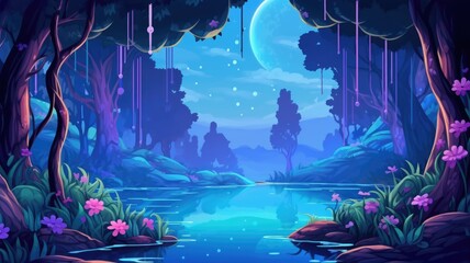 Obraz premium cartoon illustration nature landsacpe in night forest