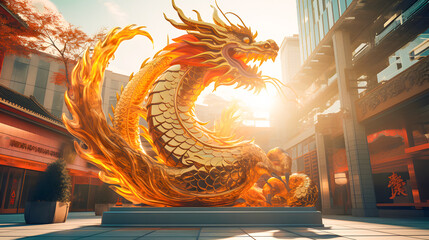 Golden dragon statue in chinese temple with blue sky background. Dragon chinese wallpaper, Happy Lunar New Year