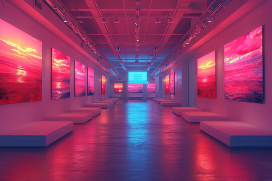 A gallery space using turquoise gels for a unique and immersive art experience. Concept of enhancing art exhibitions with colored lighting. Generative Ai. © Sebastian