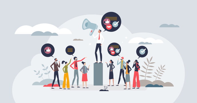 Social influence and influencer power for promotion tiny person concept. Share information to audience and society in social media vector illustration. Group leader with opinion and persuasive powers