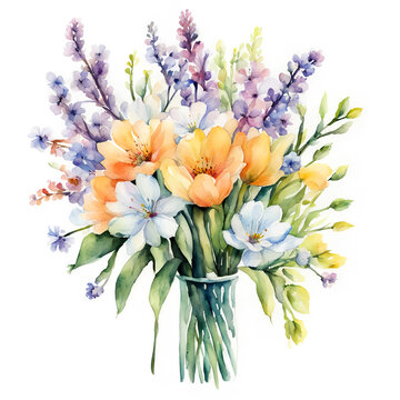 a fresh bouquet of beautiful flowers, decorations for holidays, birthday, wedding, valentine's day, women's day. watercolor illustration. artificial intelligence generator, AI, neural network image. b