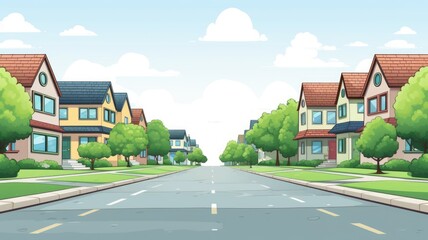 Fototapeta na wymiar cartoon illustration A street of houses with green trees and a road in perspective.