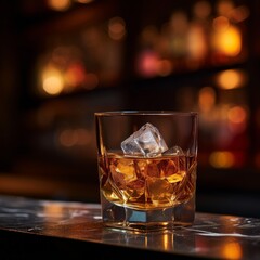 Glass of whiskey with ice cubes on bar counter, with a warm, blurred background of lights