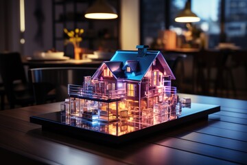 Futuristic Realty: A 3D Holographic Model of a Cozy House Presented on a Table in a Real Estate Agency, Complete with a Client Signing a Mortgage Contract for a Visionary Homeownership Experience