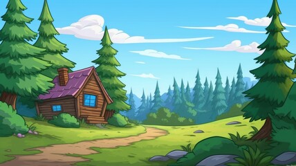 cartoon illustration A quaint witch hut nestled amidst a lush, enchanted forest