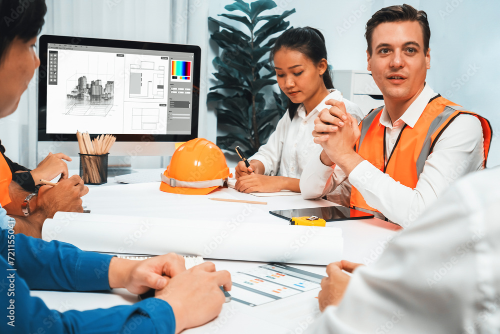 Aufkleber diverse group of civil engineer and client working together on architectural project, reviewing cons