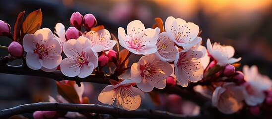 White cherry blossoms on ornamental cherry tree in spring with sunset