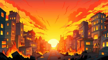 Deurstickers cartoon illustration background city in fire, war destroy, © chesleatsz